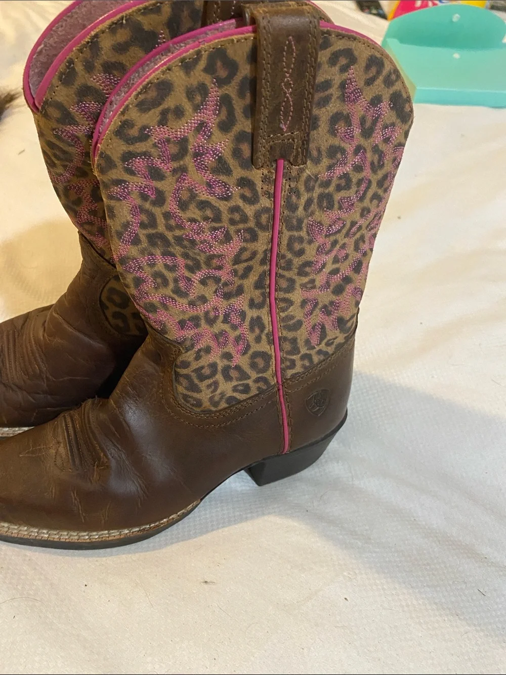 Ariat Brown Leather Western Boots with Pink Leopard Shaft